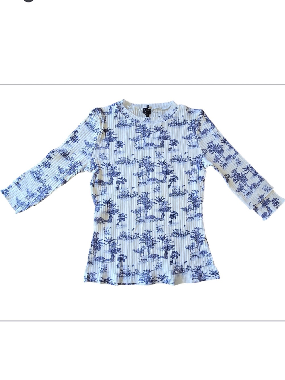 Aleeza Paris Abby Palm Toile Rib Knit Top Blue White Safari Print Small NWT - Picture 2 of 10